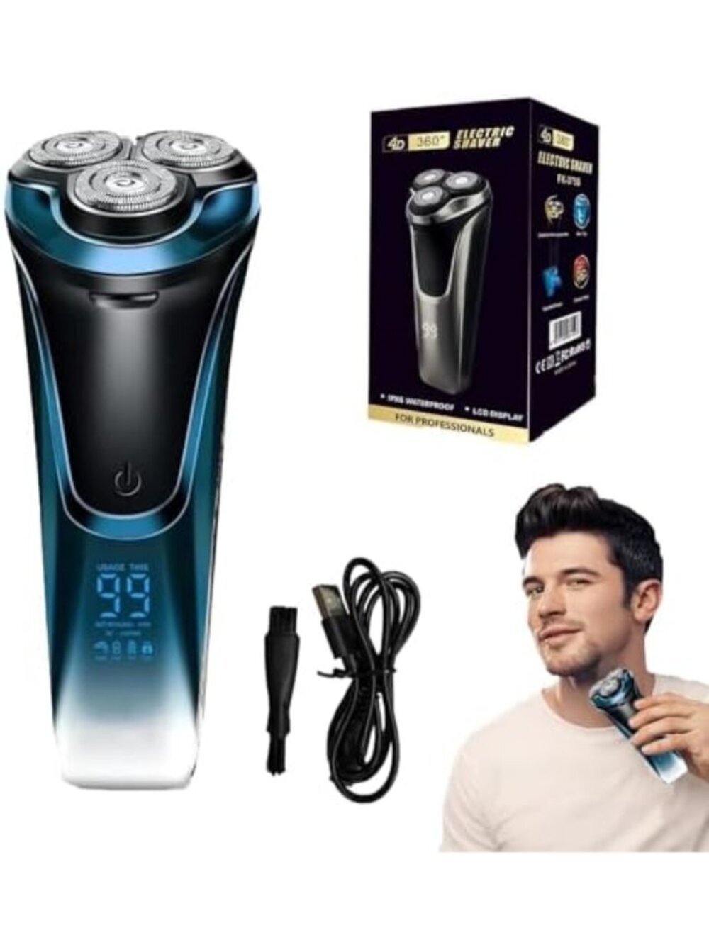 4D Floating Head Electric Razor for Men, Waterproof Rotary Shaver with LCD
